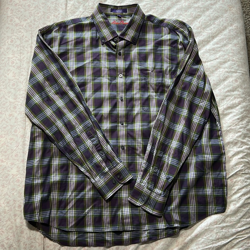 ALAN Flusser Button Up Shirt 100% Cotton Mens XL Purple Plaid